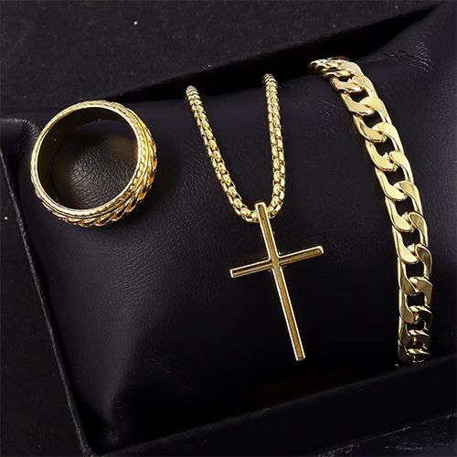 PINACHUAN 3 PCS Cross Necklace Cuban Link Bracelet Ring for Men Hip-hop Fashion Accessories for Men, Necklace or Set