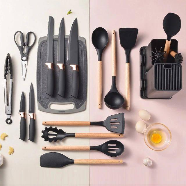 19 PCs Silicone Spoon Set With Knives AND A cutting Board NO MORE HUSTLE BUY ONE ITEM AT A TIME AT A VERY HIGH COST BUY OUR SILICONE WHICH HAS A WHOLE SET OF KITCHEN FLATWARE