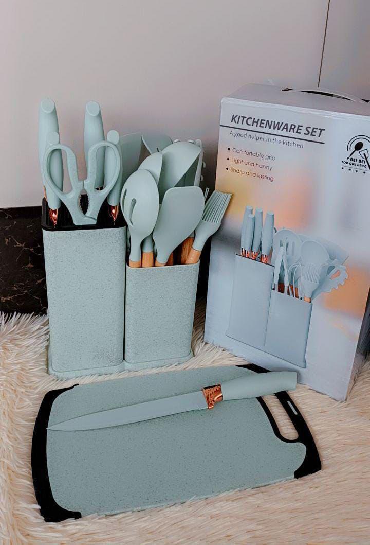 19 PCs Silicone Spoon Set With Knives AND A cutting Board NO MORE HUSTLE BUY ONE ITEM AT A TIME AT A VERY HIGH COST BUY OUR SILICONE WHICH HAS A WHOLE SET OF KITCHEN FLATWARE