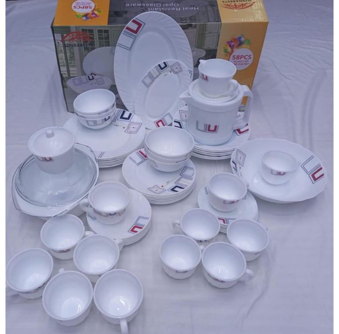 SUNDABEST 58 PCS CERAMIC DINNER SET - 20 plates 12 tea cups, 12 saucers, 1 soup bowl and 6 small bowls, 1 tea pot, 1 milk pot, 2 lids, 1 sugar dish and lid .