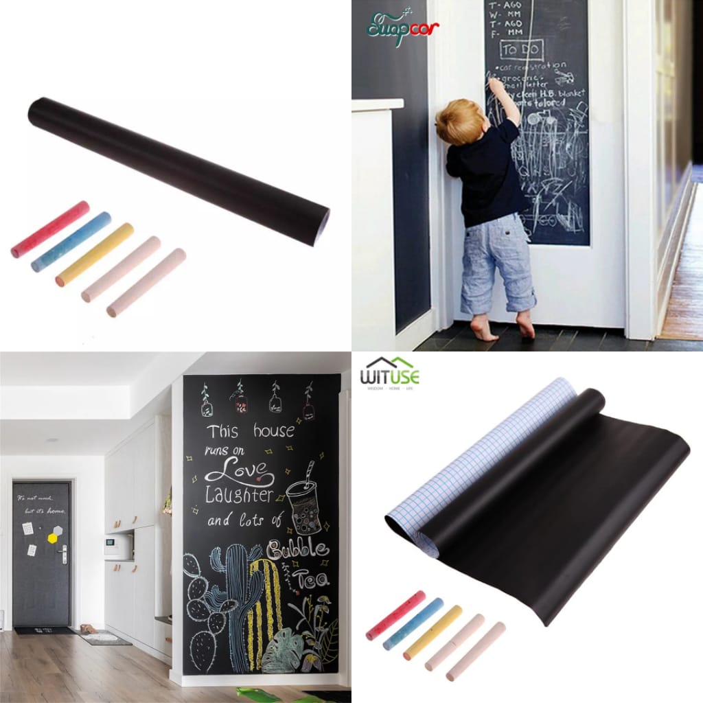Large Chalkboard Adhesive Paper Roll (8 FEET/45*200 cm) 5 Chalks Included - Peel & Stick Chalkboard Wallpaper for Walls, Tables, Schools, and Classrooms Reusable Blackboard Vinyl for Kids’ Creativity