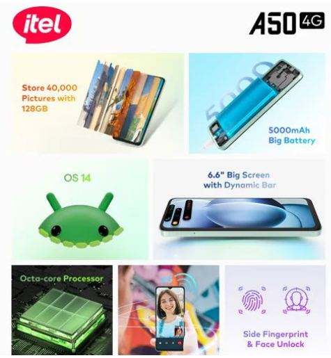 Brand New Itel A50 64GB+(2+4)6GB RAM 6.6" Screen Dual SIM 8MP+5MP Camera 5000mAh Baterry Fingerprint And Face Unlock Smart Phones Phone
