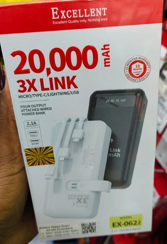 EXCELLENT 20000mAh, 4Output attached wired powerbank, EX-062 max ,Double input 2.1A Power Bank Smart Fast Charging 12 months warranty