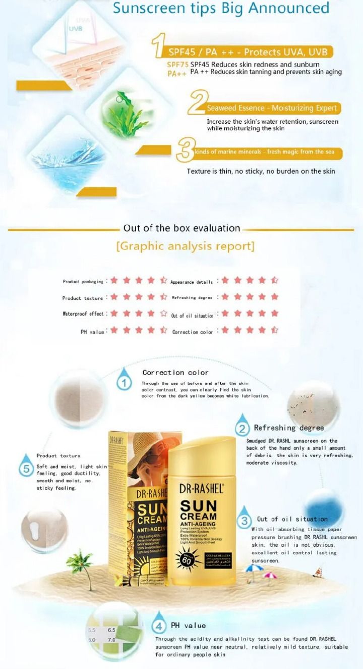 Dr. Rashel Gold Collagen Anti-aging Sun Cream SPF 60 UVA/UVB Protection Sun Block Sunscreen