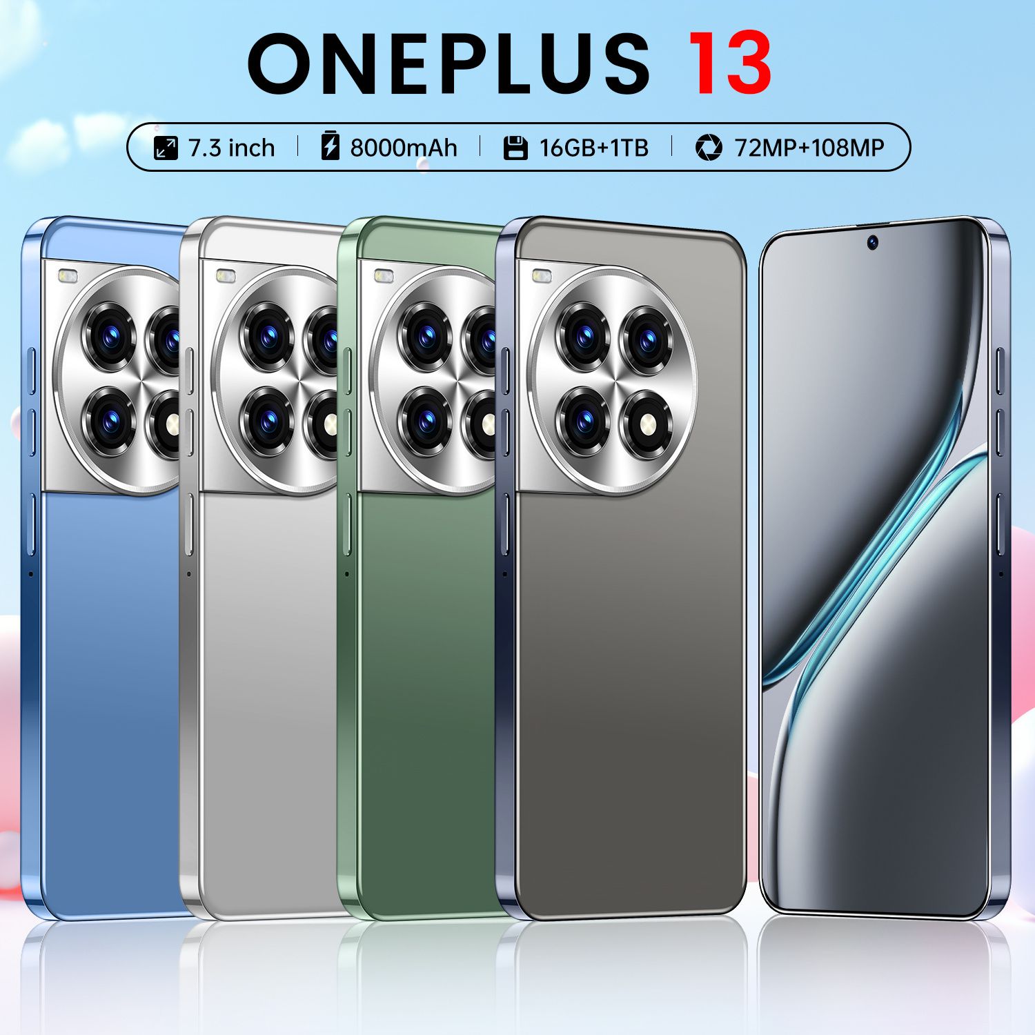 2024 One Plus 13, CPU: Snapdragon 8gen2 7.3 inches, resolution 1440*3040, network 5G, memory 16GB+1TB, pixel 7200W+10800W, battery 8000mah, Bluetooth 4.0, Android 13. Black/white/green/blue