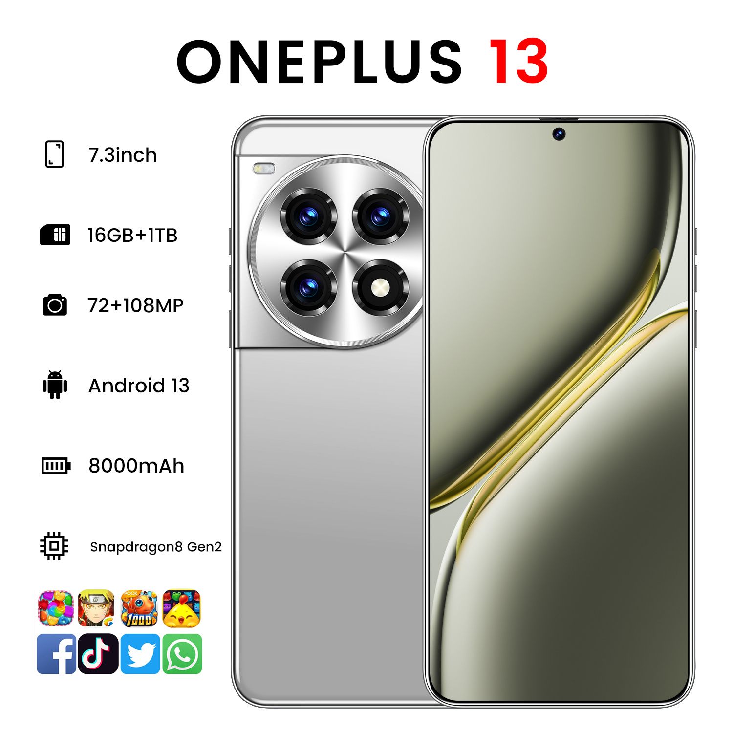 2024 One Plus 13, CPU: Snapdragon 8gen2 7.3 inches, resolution 1440*3040, network 5G, memory 16GB+1TB, pixel 7200W+10800W, battery 8000mah, Bluetooth 4.0, Android 13. Black/white/green/blue