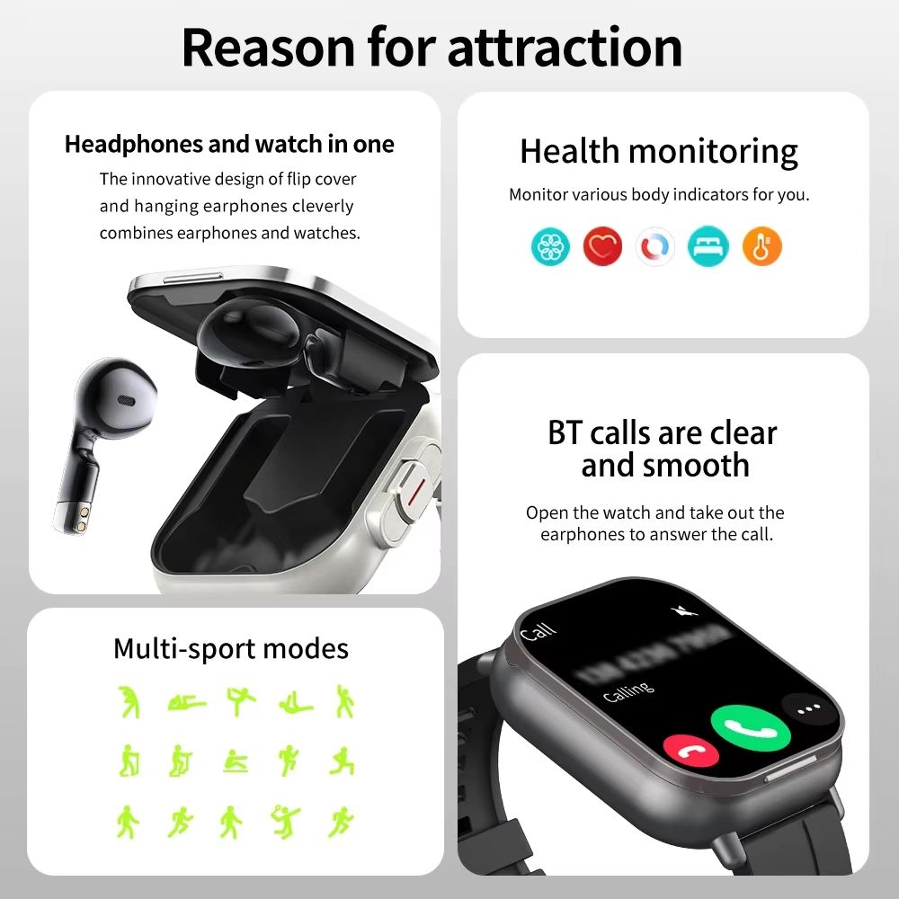 2025 CLAMADO TWS 2 In 1 Smart Sports Watch Wireless Bluetooth Headset Calling Health Monitor Fitness Record Watches With Headset