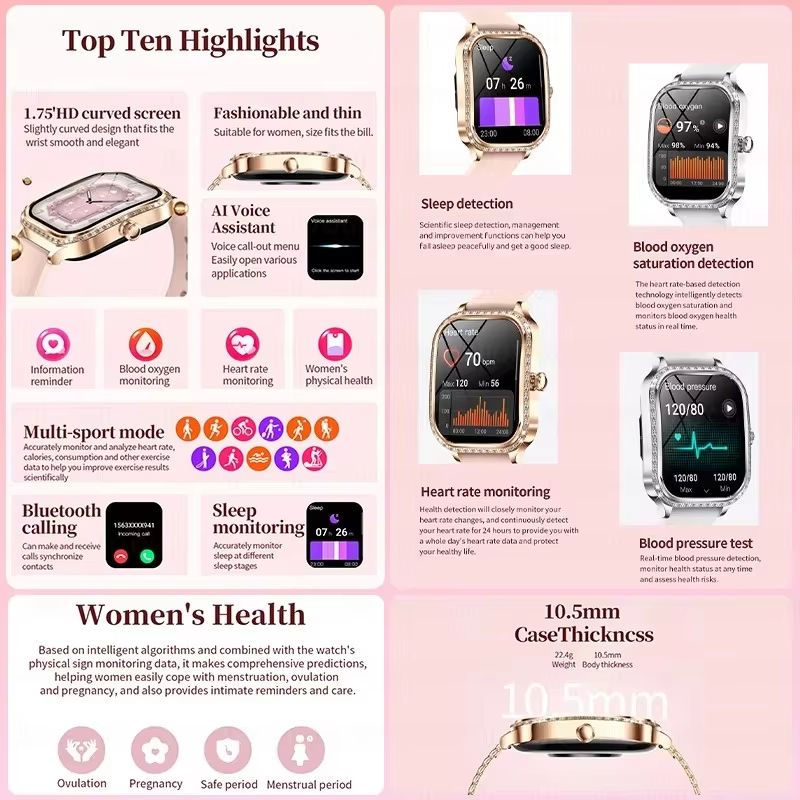New Smart Watch For Women Bluetooth Call Heart Rate Waterproof Sports Fitness Tracker Clock Lady Watches IOS