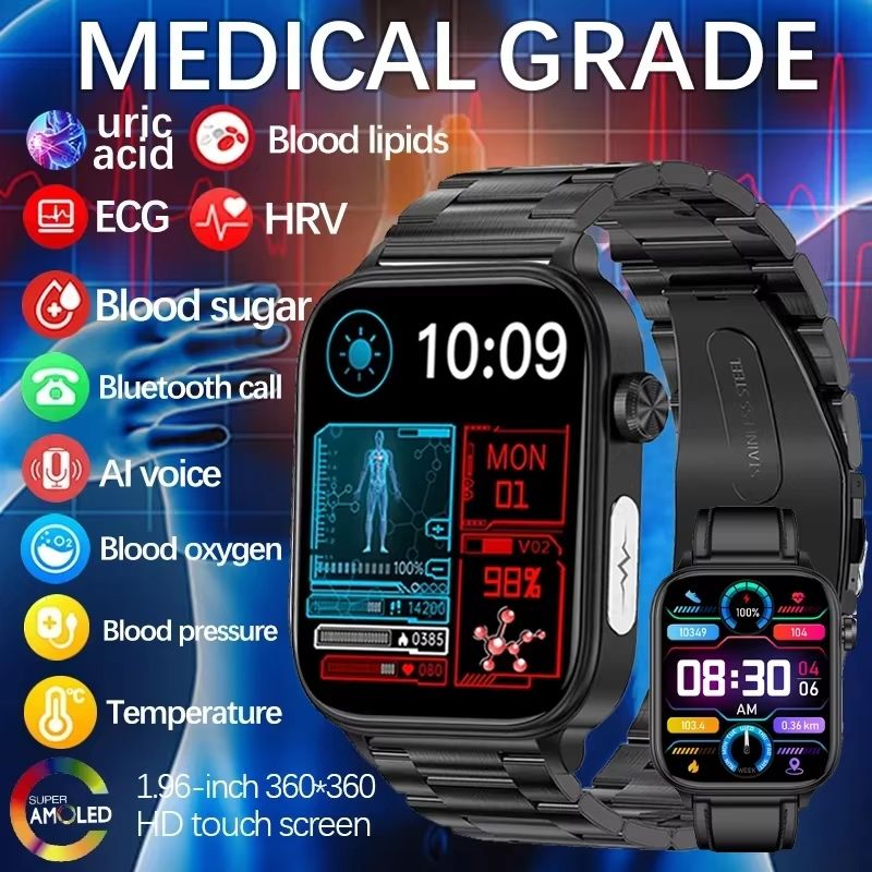 2025 New ECG+PPG Medical Grade Smart Watch Men Blood Glucose Blood Lipid Uric Acid Monitoring Bluetooth Call Health Smartwatches
