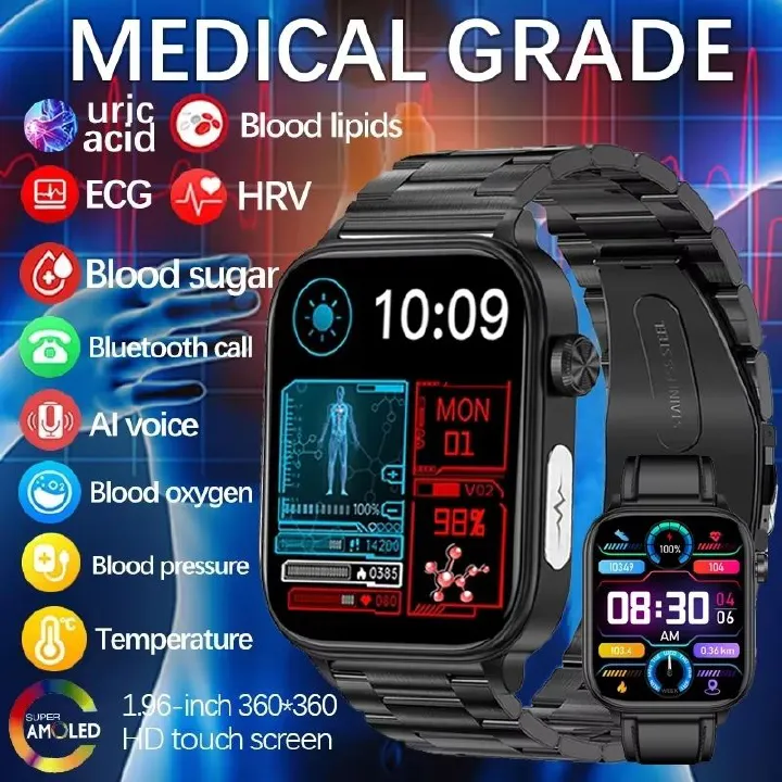 2025 New ECG+PPG Medical Grade Smart Watch Men Blood Glucose Blood Lipid Uric Acid Monitoring Bluetooth Call Health Smartwatches
