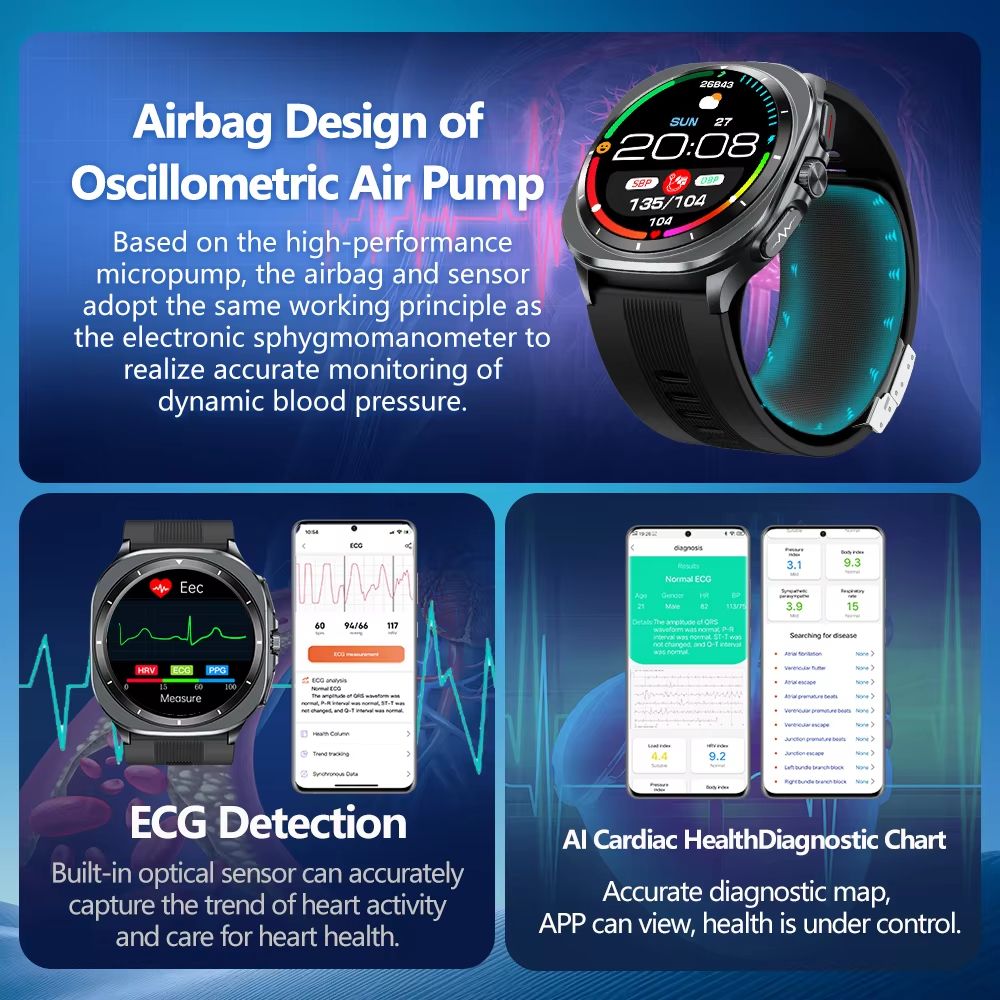 2025 New Air Pump Smart Watch Airbag Precision Measure Blood Sugar Sphygmomanometer Heart Rate ECG Uric Acid For Huawei Xiaomi