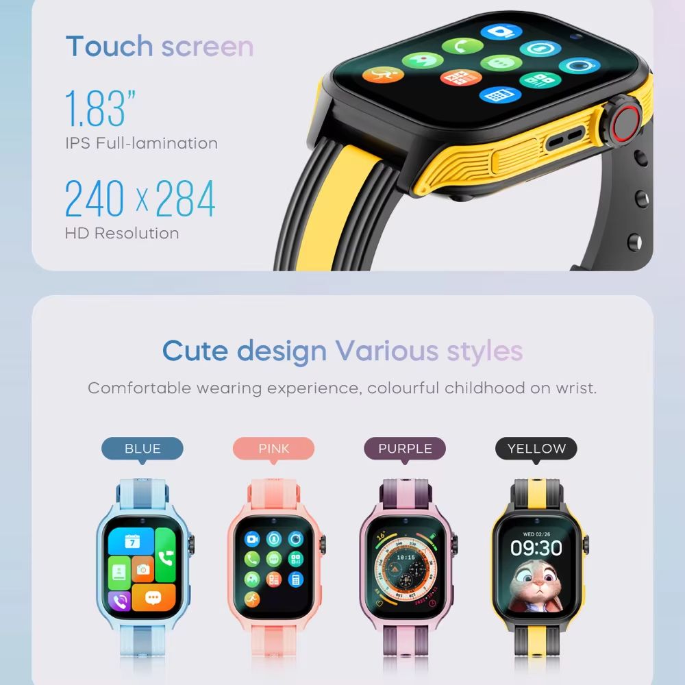 4G HD Video Call Kids Smart Watches 1.83" Large Screen GPS LBS Wifi Location 700mAh Battery Voice Chat SOS Children Smartwatch