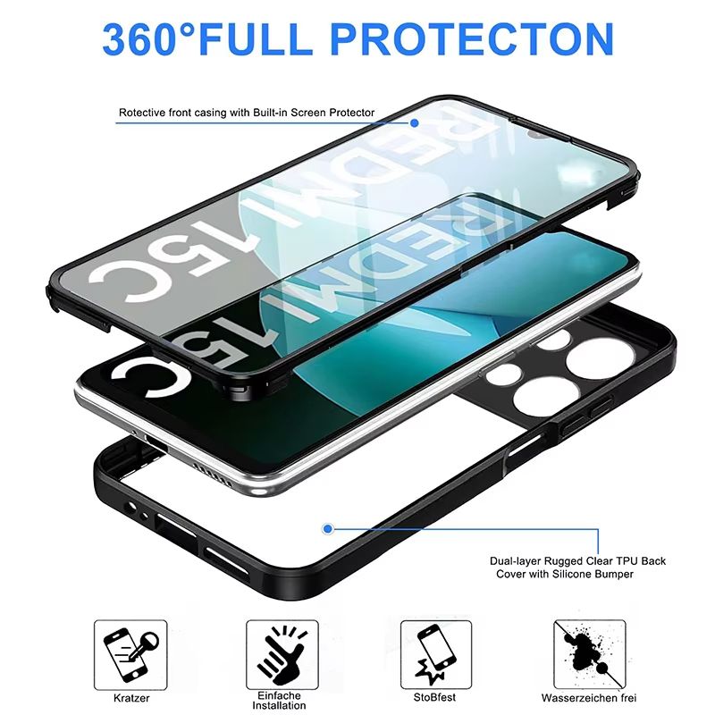 360 Full Body Shockproof Phone Case For Xiaomi Redmi 15C 14C 13C 12C 10C 9C 8A Dual Layer PC Hard Hybird Clear Cover Coque