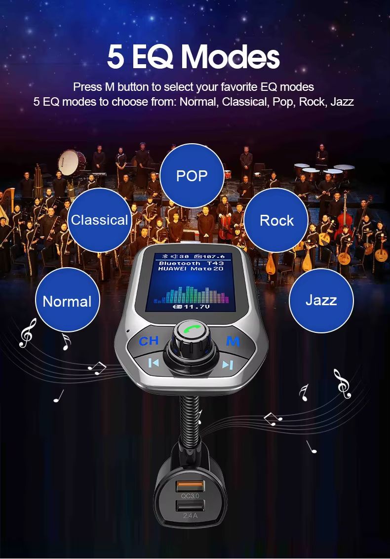 Car MP3 Music Player Bluetooth 5.0 receiver FM transmitter Dual USB QC3.0 Charger U disk / TF Card lossless Music
