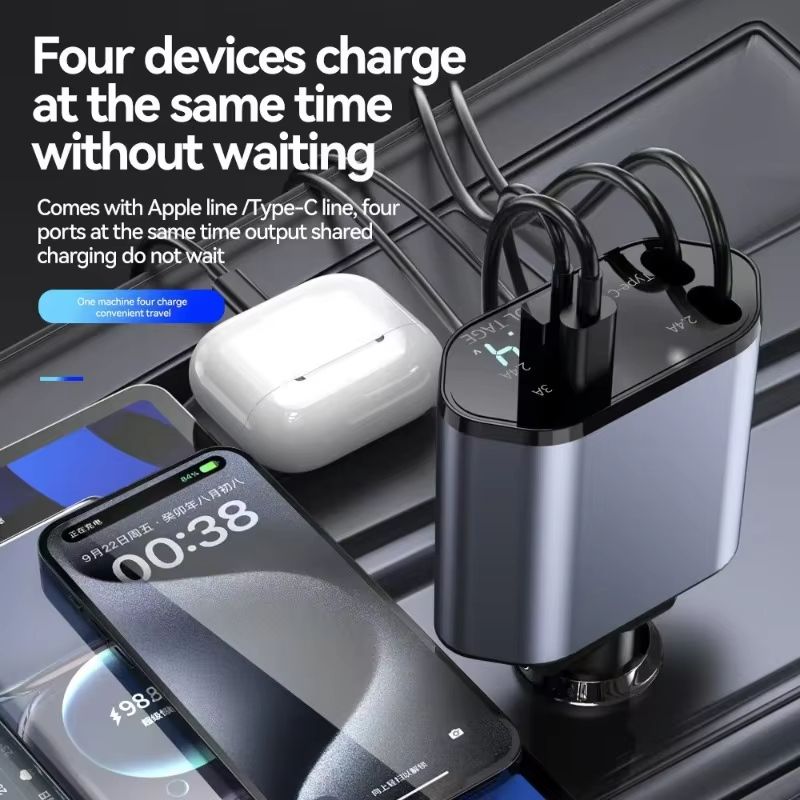 QC Adapter Car Charger 4 IN 1 Retractable Mobile Phone USB PD Type C Cable Universal For Cars Fast Charge Cord Cigarette Lighter