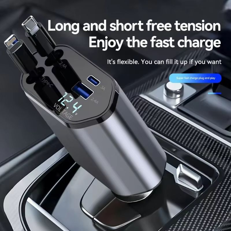 QC Adapter Car Charger 4 IN 1 Retractable Mobile Phone USB PD Type C Cable Universal For Cars Fast Charge Cord Cigarette Lighter