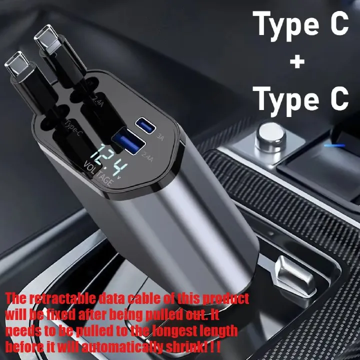 QC Adapter Car Charger 4 IN 1 Retractable Mobile Phone USB PD Type C Cable Universal For Cars Fast Charge Cord Cigarette Lighter