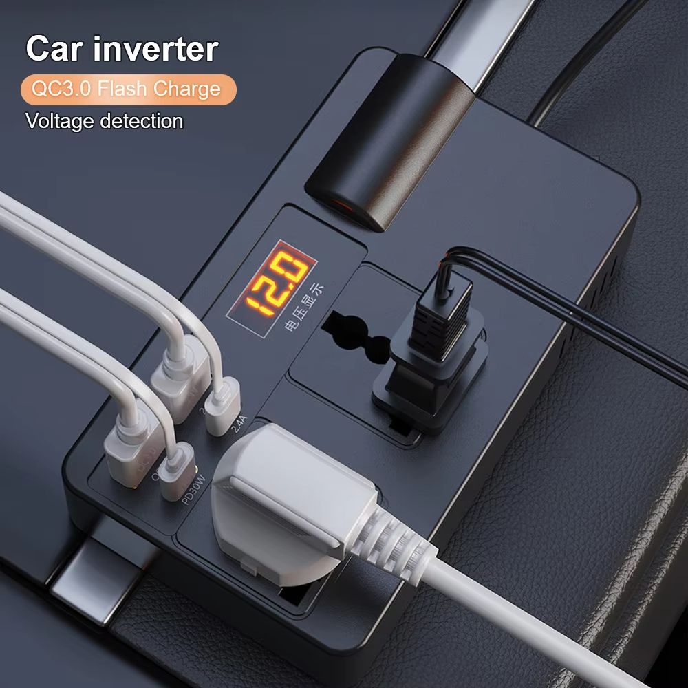 200W Cigar Lighter Adapter Inverter Car Power Adapter Converter DC 12V 24V to AC 220V 7 Ports PD Type-C USB Chargers AC Socket