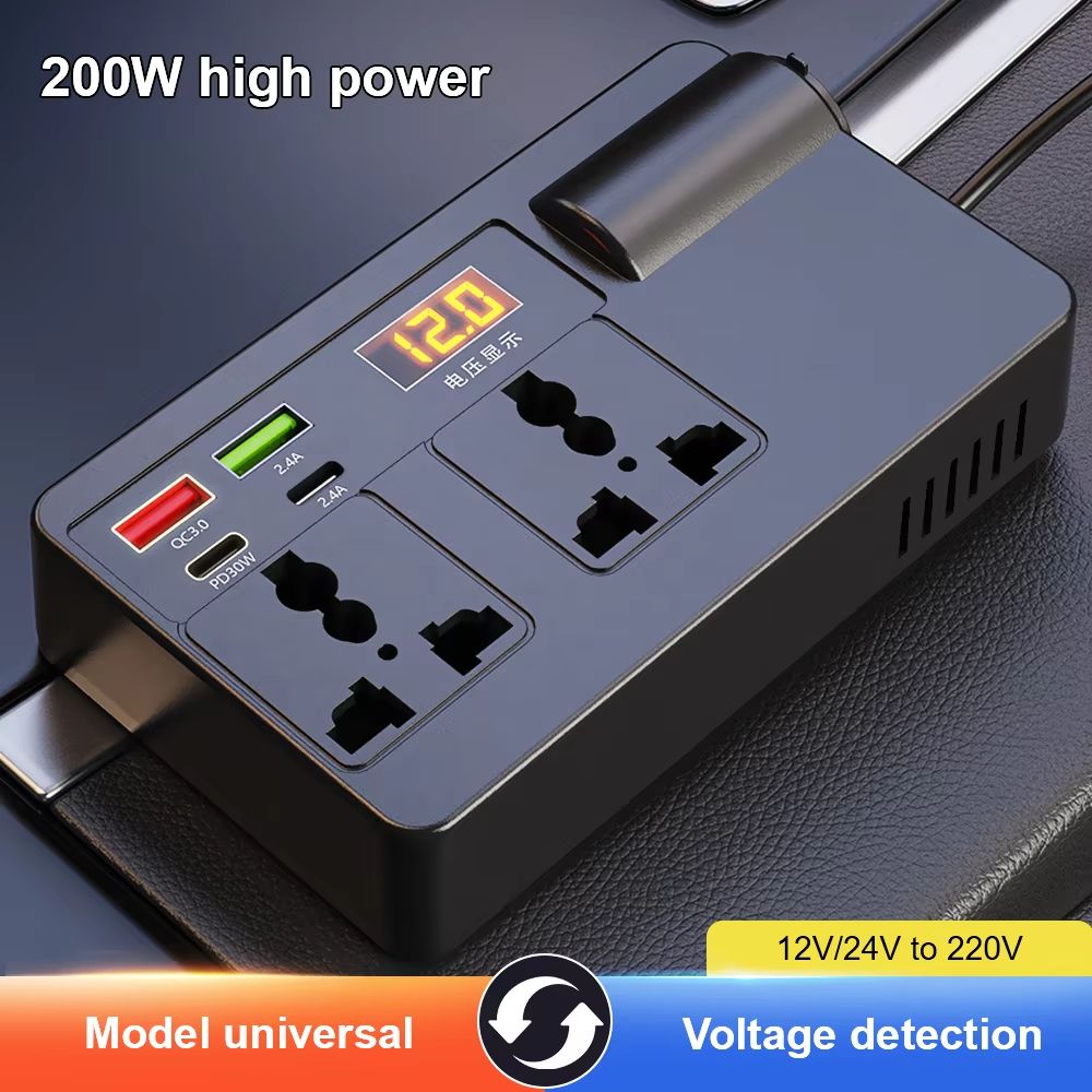200W Cigar Lighter Adapter Inverter Car Power Adapter Converter DC 12V 24V to AC 220V 7 Ports PD Type-C USB Chargers AC Socket