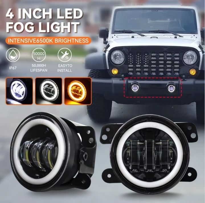 2Pcs 4Inch LED Fog Lights For Jeep Wrangler JL JK Dodge Off-Road Journey 30W Yellow White Fog Lamp DRL Angel Eyes For Chrysler
