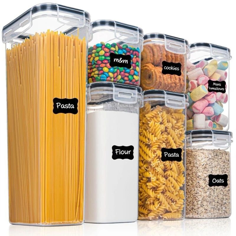 8pc food/cereal pantry storage containers, Dry Food Storage Containers, Airtight Cereal Storage Containers Set for Sugar, Flour, Snack, Baking Supplies, Leak-proof with Black Locking lids