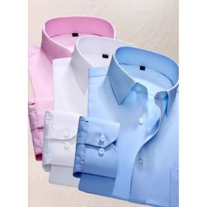 Fashion 3 Pcs Men’s Official Slim Fit Long-Sleeved Cotton Plain Shirt Set – Elegant Pink, White, and Blue Shirts with Button Cuffs for Office Wear, Business Meetings, and Formal Occasions