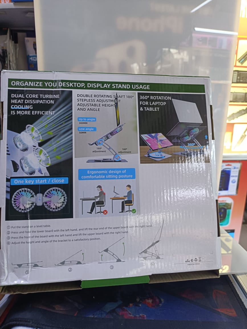 NEW ADJUSTABLE LAPTOP STAND V4.0 WITH COOLING FAN AND 360 DEGREE ROTATING BASE