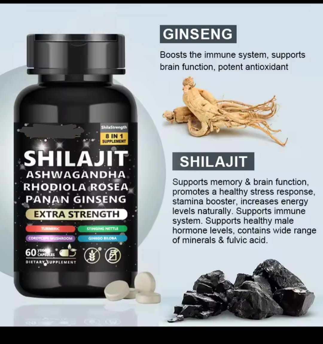 Shilajit Extract Capsule Ayurveda Humic Fulvic Acid and Trace Support 85 Minerals Shilajit Capsules Shilajit 8-in-1 Supplement with Ashwagandha, Rhodiola Rosea & Panax Ginseng - Strength & Energy
