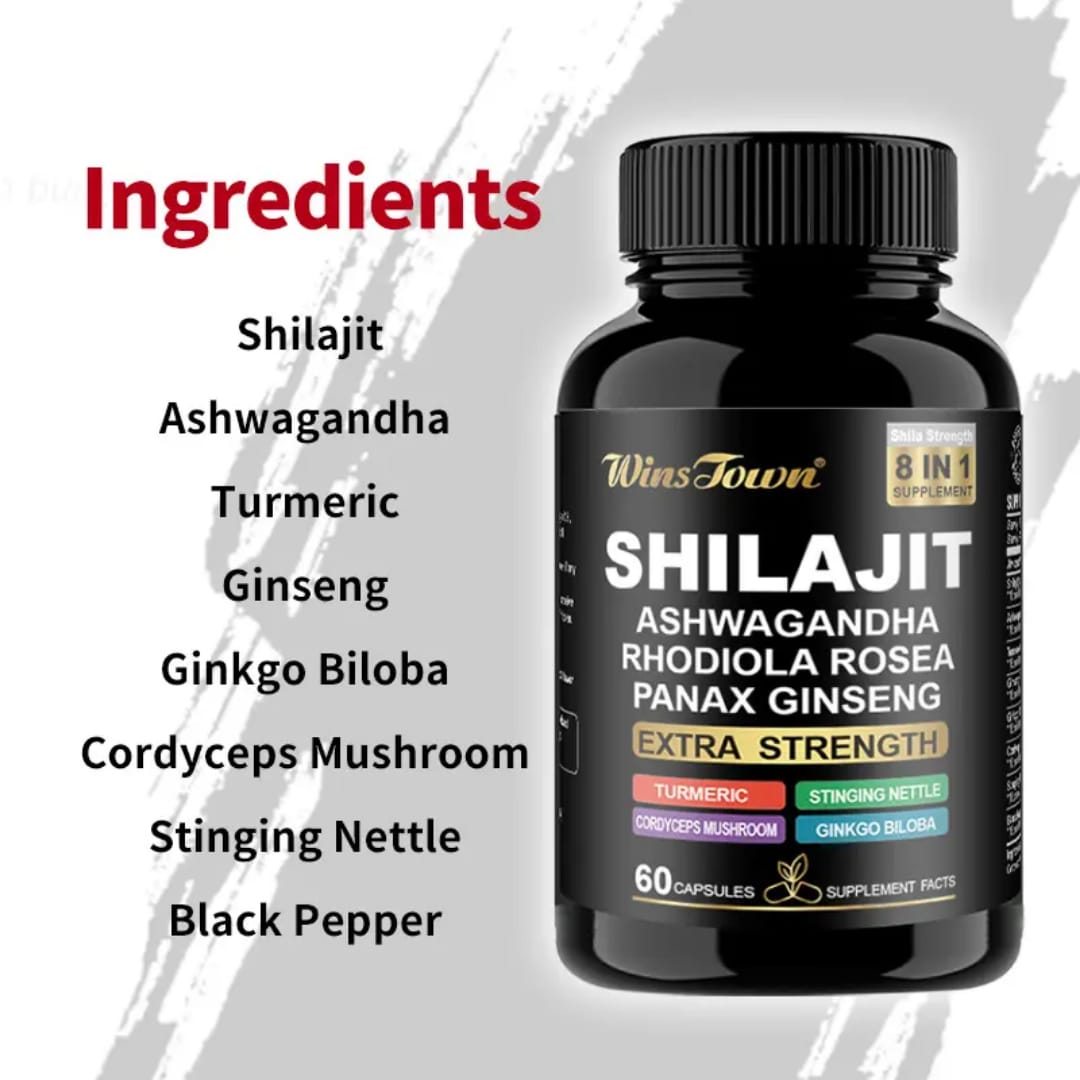 Shilajit Extract Capsule Ayurveda Humic Fulvic Acid and Trace Support 85 Minerals Shilajit Capsules Shilajit 8-in-1 Supplement with Ashwagandha, Rhodiola Rosea & Panax Ginseng - Strength & Energy