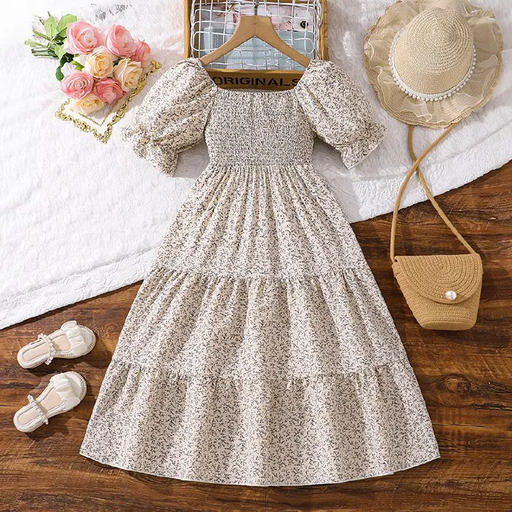 new teenager summer floral princess dress children puff sleeve casual dress