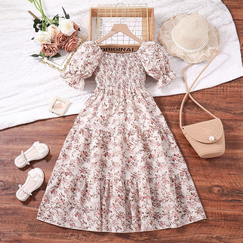new teenager summer floral princess dress children puff sleeve casual dress