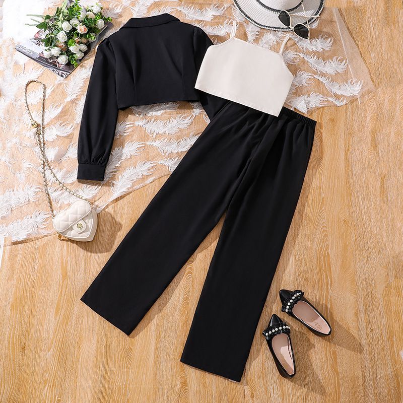 girls autumn children's clothing 3 pieces set suspenders vest long sleeve coat and pants teenager clothes set