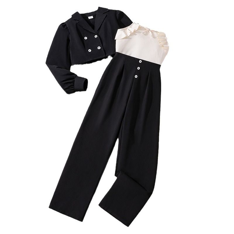 girls autumn children's clothing 3 pieces set suspenders vest long sleeve coat and pants teenager clothes set
