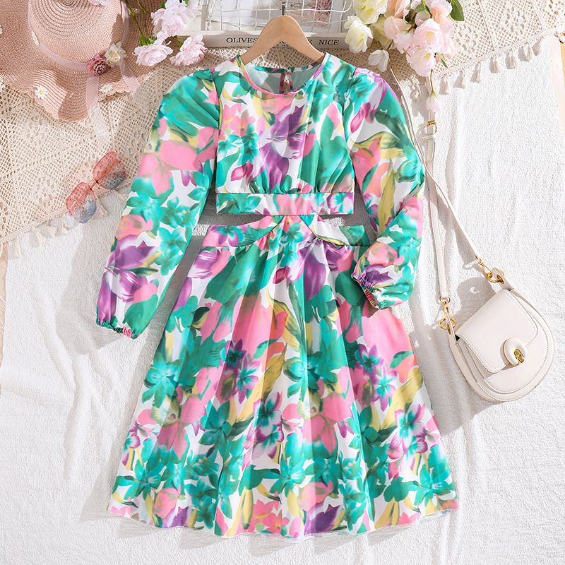 spring autumn teenager princess dresses big girls floral print casual dress