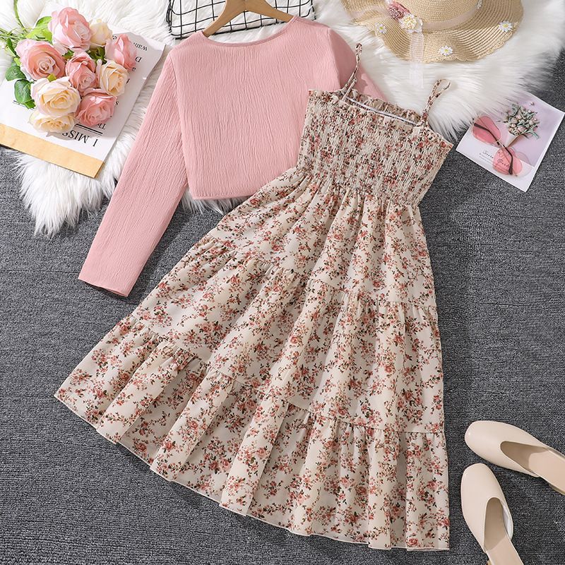 teenager girls clothes set children girls coat flower dress 2pcs outfit girl sling floral dresses