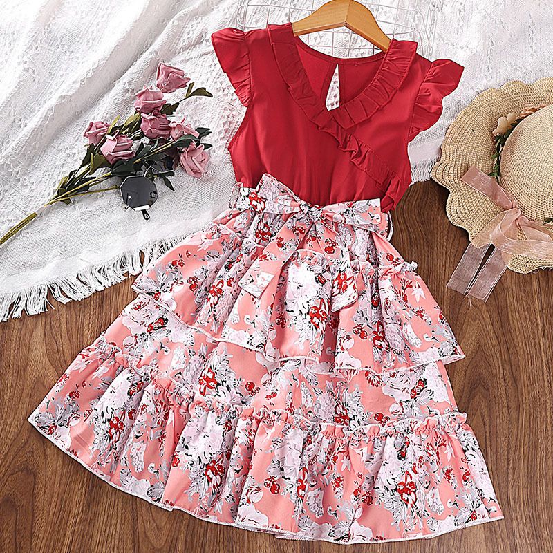 summer children's clothing new style girls' children's dresses lace collar flying sleeves floral princess dress Mixed random