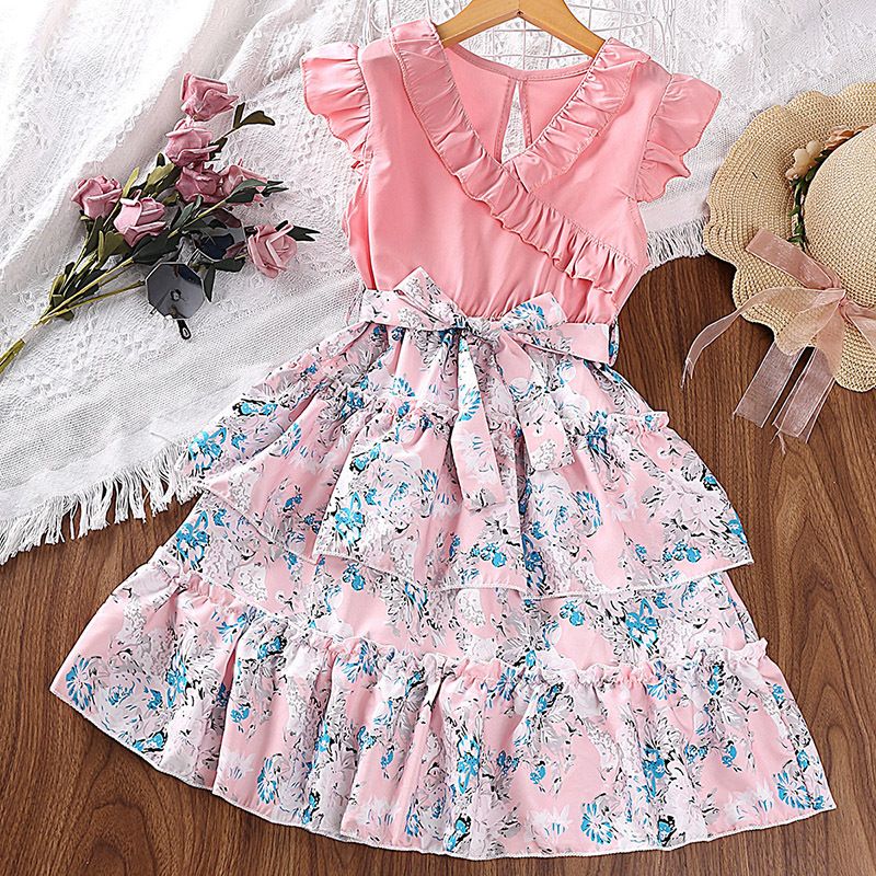 summer children's clothing new style girls' children's dresses lace collar flying sleeves floral princess dress Mixed random