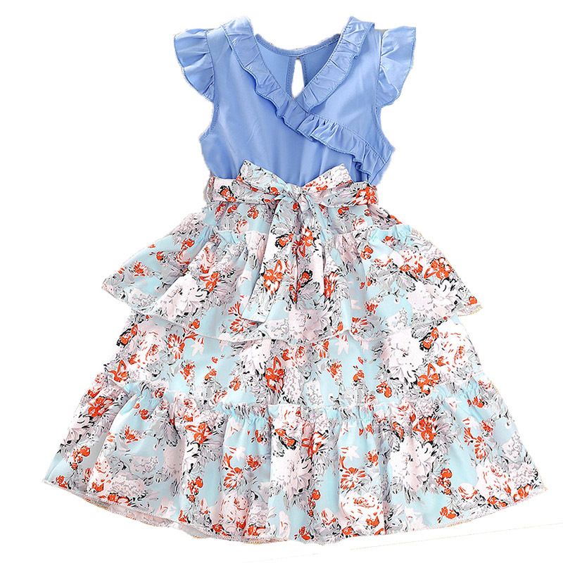summer children's clothing new style girls' children's dresses lace collar flying sleeves floral princess dress Mixed random