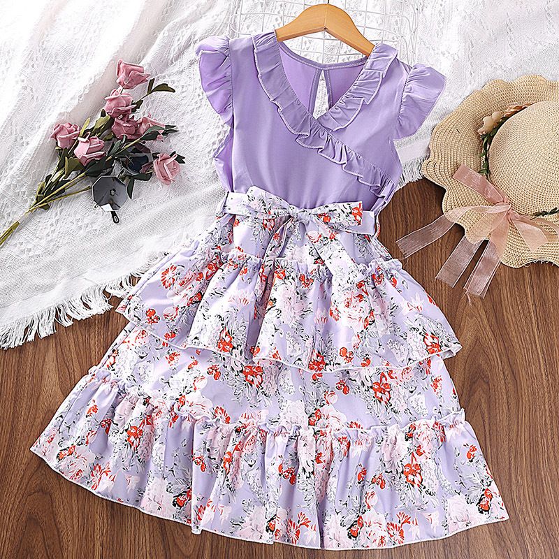 summer children's clothing new style girls' children's dresses lace collar flying sleeves floral princess dress Mixed random