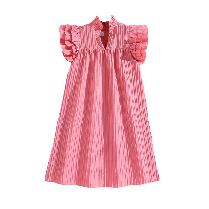 New Summer solid color fly sleeve dress girl back collar tie dress Princess dress for girls
