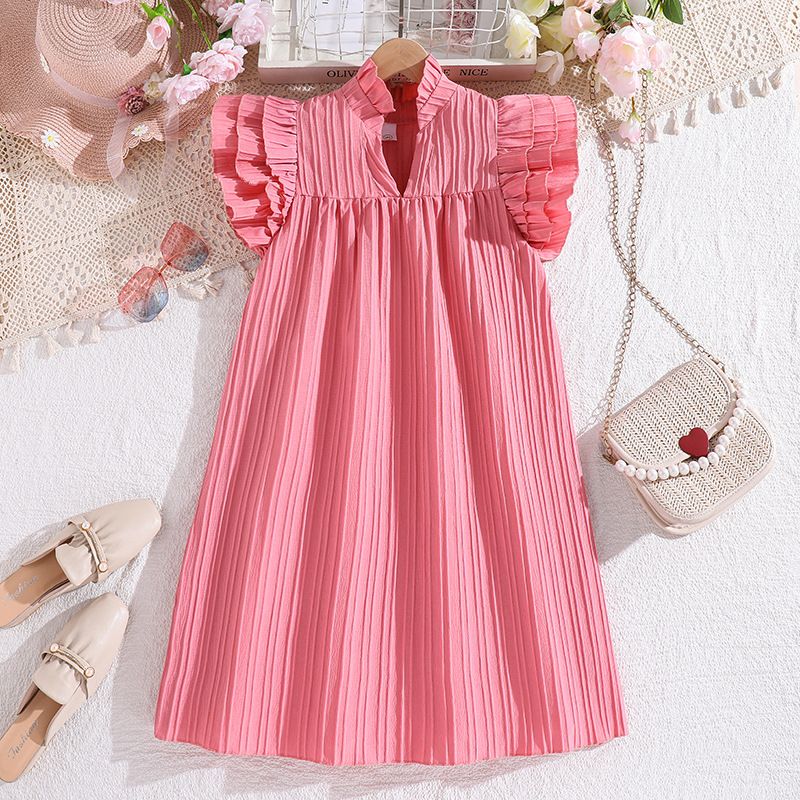 New Summer solid color fly sleeve dress girl back collar tie dress Princess dress for girls