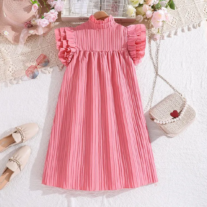 New Summer solid color fly sleeve dress girl back collar tie dress Princess dress for girls