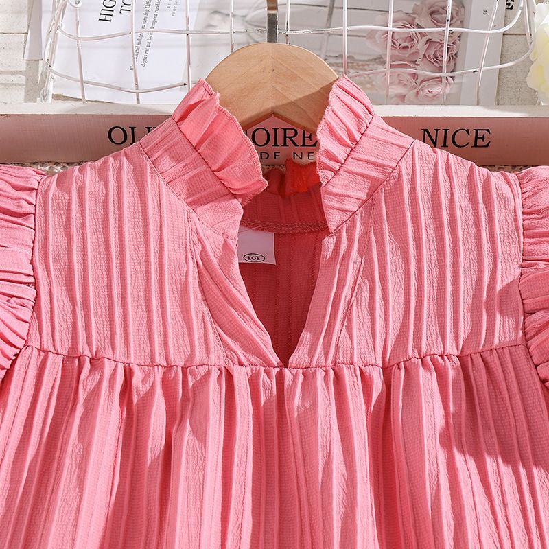 New Summer solid color fly sleeve dress girl back collar tie dress Princess dress for girls