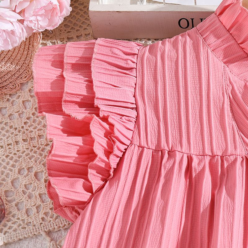 New Summer solid color fly sleeve dress girl back collar tie dress Princess dress for girls