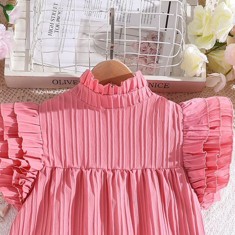 New Summer solid color fly sleeve dress girl back collar tie dress Princess dress for girls