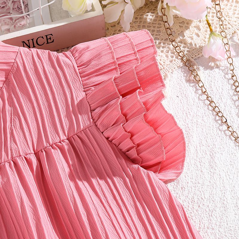 New Summer solid color fly sleeve dress girl back collar tie dress Princess dress for girls