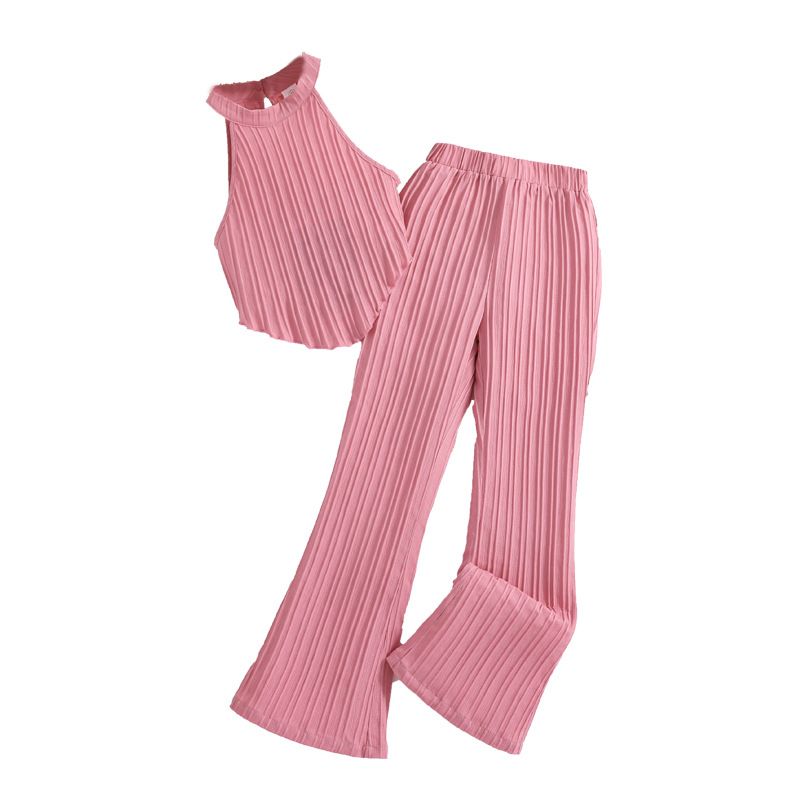 8-12 years kids wholesale clothes European and American new halter sleeveless top+wide leg pants girls suit 2pcs clothing set