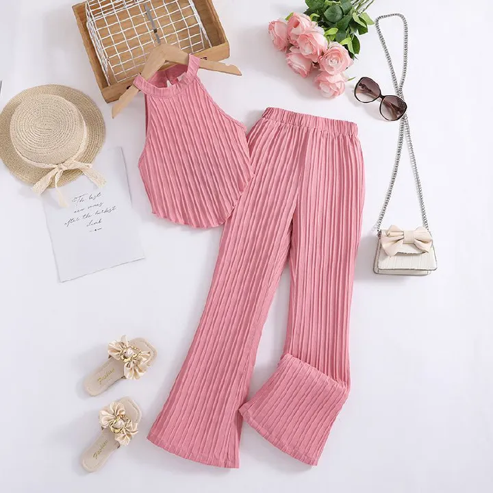 8-12 years kids wholesale clothes European and American new halter sleeveless top+wide leg pants girls suit 2pcs clothing set