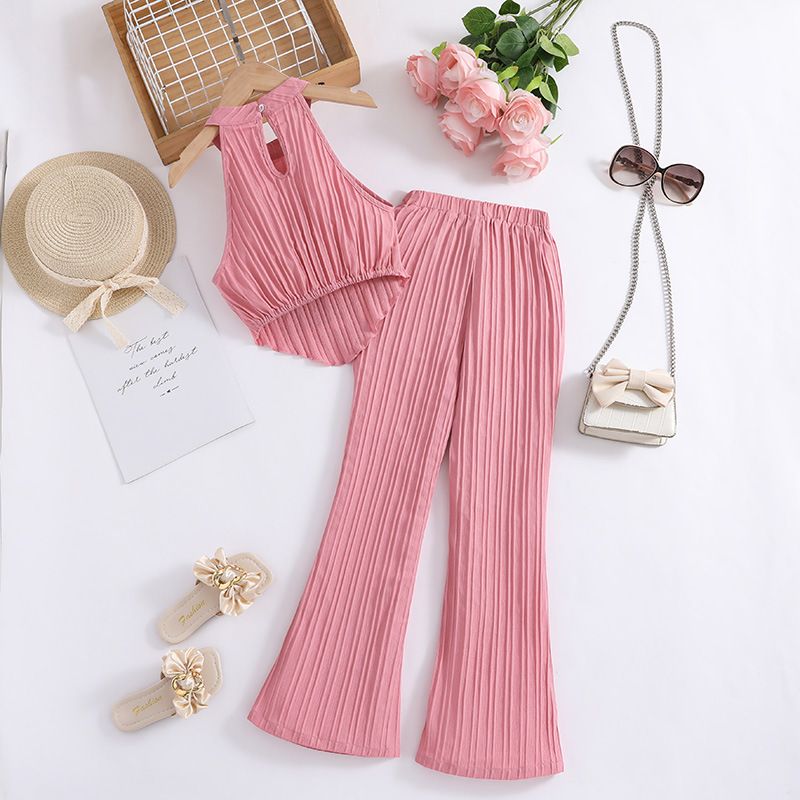8-12 years kids wholesale clothes European and American new halter sleeveless top+wide leg pants girls suit 2pcs clothing set