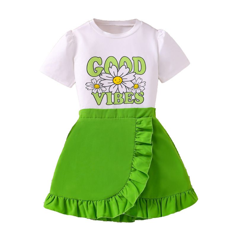 Summer Big Children Suit 2pcs T-shirt and Skirt 2pcs Floral Teenagers Girls Clothes Sets
